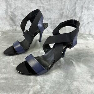 Tahari Heels Women's 9.5 Blue Black Leather Open Toe Stiletto "Lace"